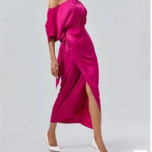 Pink Midi Gown with One Shoulder and Dolman Sleeves